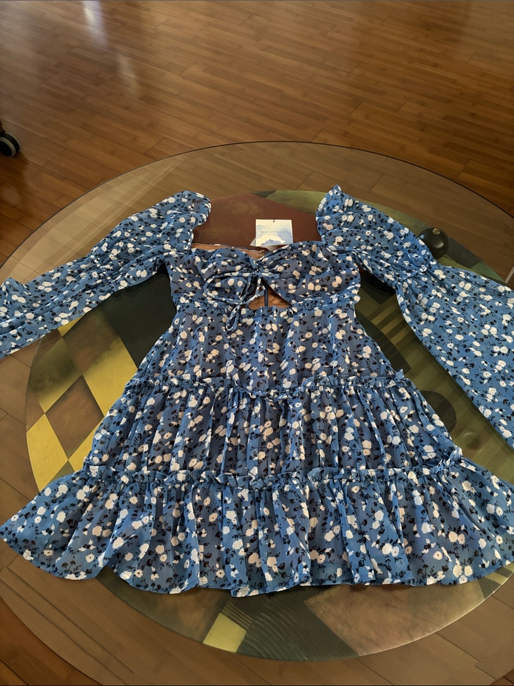 MAJORELLE Blue Floral Tie-Front Tiered Dress
